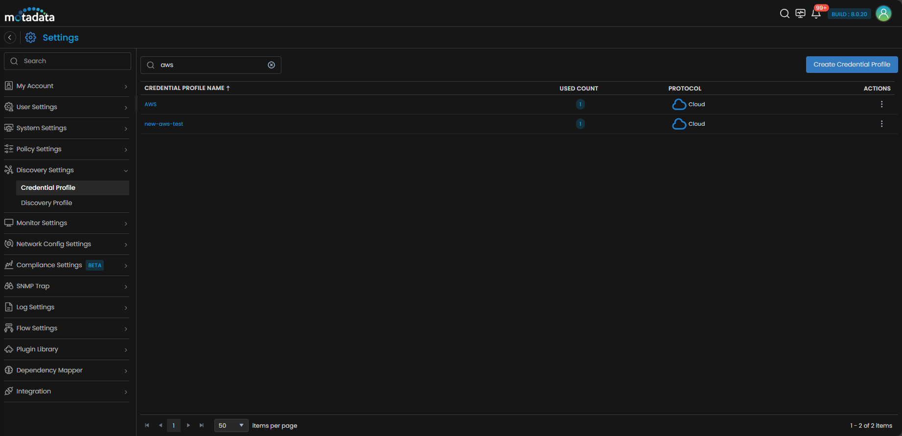 Credential Profile list showing the newly created AWS Cloud profile
